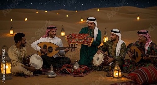 Group of Arabian musicians playing traditional instruments in a desert setting under the starry night sky, creating cultural ambiance