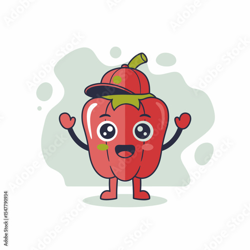 Cheerful Red Bell Pepper Character with Baseball Cap Illustration