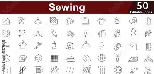 Sewing & Tailoring Line Icons set - Fashion, Craft, Needlework, Fabric & Atelier Vector Set. Editable Stroke 