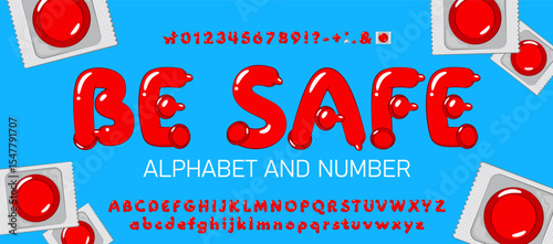 Condom Font Alphabet. Realistic cartoon Latex Letters in Contraceptive Style.  Typography for Health Posters, Awareness Campaigns, Medical, Erotic, and Educational Design Projects