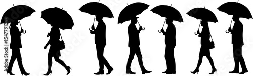 Walking people silhouette under umbrella, men and women in rain, rainy day vector graphic, city life illustration, umbrella walk silhouettes, rainy street scene art