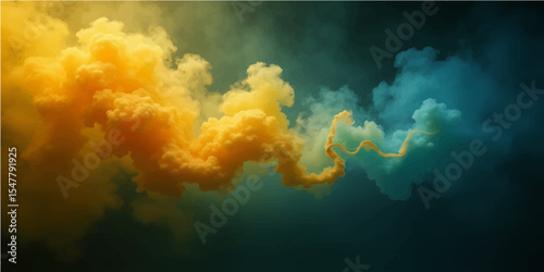 The background is black and flaming, with a burning motion design, created by abstract patterns of yellow and green, blue smoke, and flames.