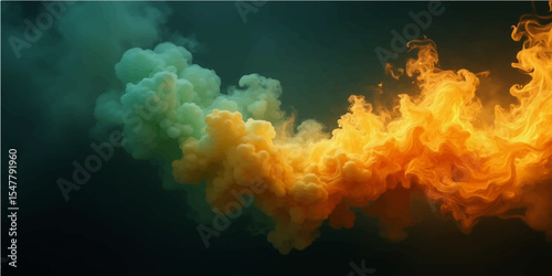 A blazing motion design and a dark, flaming background are produced by abstract patterns of yellow, green, blue smoke, and flames.