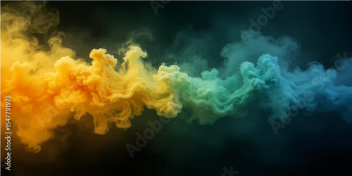 A dark, flaming background with a burning motion design is produced by abstract patterns of yellow, green, blue smoke, and flame.