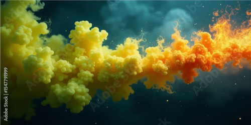 Abstract yellow and green ,blue smoke and flame patterns create a dark, fiery background with a burning motion design.