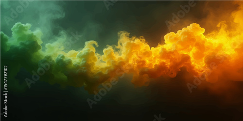 A burning motion design and a dark, flaming background are produced by abstract patterns of smoke and flame in shades of yellow and green.