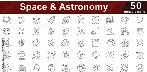 Space & Astronomy Line Icons set- Universe, Planets, Galaxy, Stars & Exploration Vector Set. Editable Stroke 