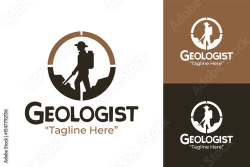Professional Geologist Logo with Miner and Mountain Design in Brown and White Colors
