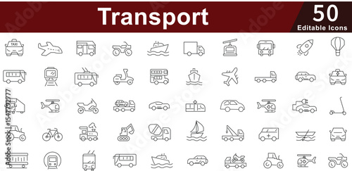 Transport & Vehicle Line Icons set - Travel, Delivery, Logistics, Commute & Mobility Vector. Editable Stroke 