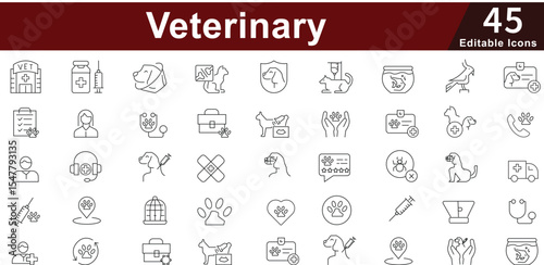 Veterinary and Pet Care Line Icons set - Animal Health, Clinic, Medicine and Welfare Vector Set. Editable Stroke 