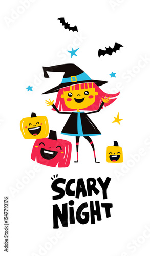 Cute Halloween Witch with Pumpkins and Bats. Happy Halloween Greeting Illustration