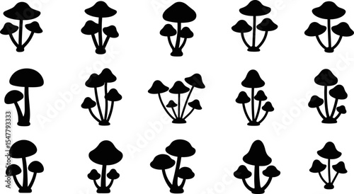 Silhouette collection of mushroom icons, black vector fungi illustration, forest mushroom clipart set, botanical fungus shapes, edible and wild mushrooms for design, nature themed graphic