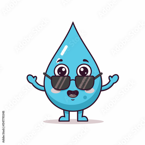 Cute Water Drop Character with Sunglasses Cartoon Vector Illustration