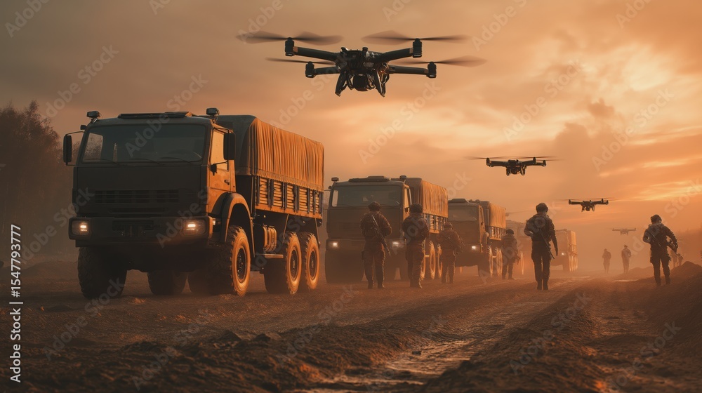 Fototapeta premium Fleet of Surveillance Drones Flying Above Soldiers with Military Trucks on Muddy Road