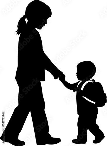 Older Sibling Helping Younger Silhouette – Family Bond Vector