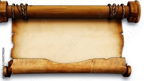 Vintage blank parchment scroll with wooden frame and ornate details animation