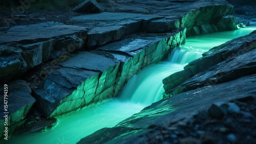Glowing Green Water Flowing Through Rocky Channel at Night