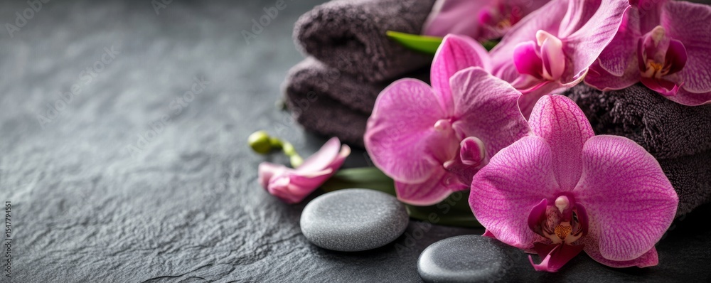Fototapeta premium Spa Relaxation Pink Orchids, Towels and Stones, spa treatment, wellness