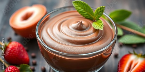 Silky smooth vegan chocolate mousse in a glass bowl, light, smooth