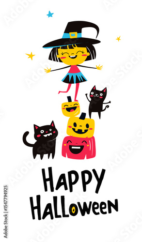 Cute Halloween Witch with Pumpkins and Black Cats. Happy Halloween Greeting Illustration