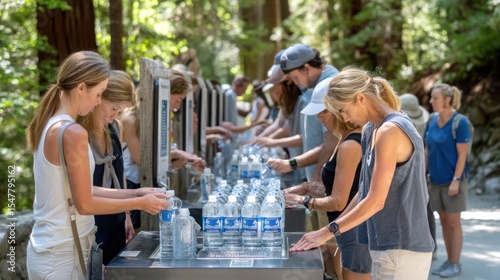 Tourists refilling water bottles at outdoor refill stations on popular hiking trail, bright daylight