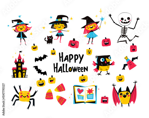 Cute Halloween Cartoon Stockers Witches, Skeleton, Pumpkins and Bats. Happy Halloween Illustration