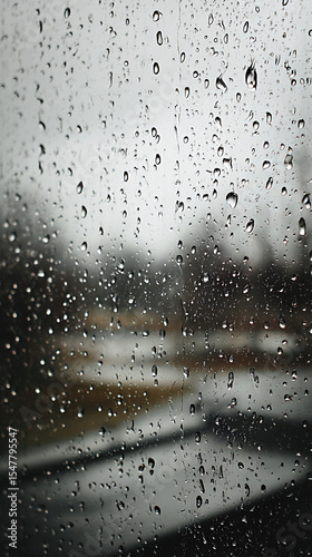 
Vertical image of raindrops on a window on a cloudy day