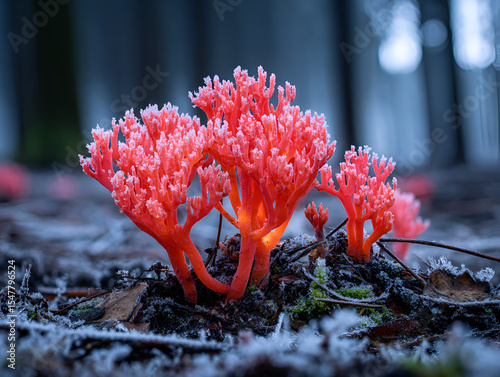 Bright Red Coral Fungus Growing on Forest Floor with Light Frost