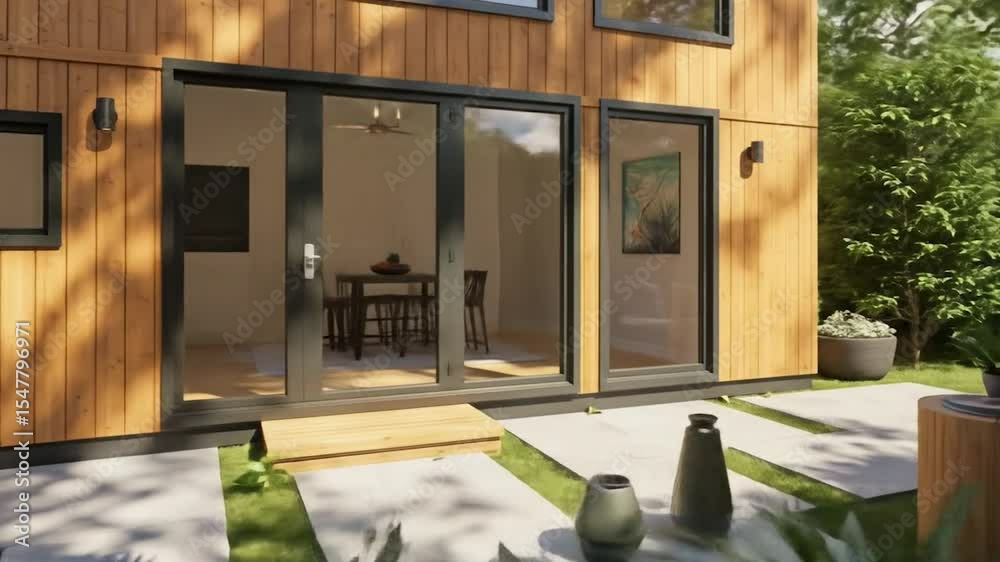 Modern Prefab Home Exterior with Patio and Garden, Sliding Doors and Contemporary Design