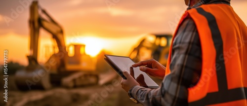 Engineer Using Digital Tablet On-Site – Smart Construction Management with Excavator Background