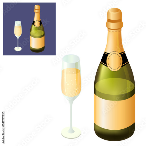 Champagne Bottle and Flute with Bubbles
