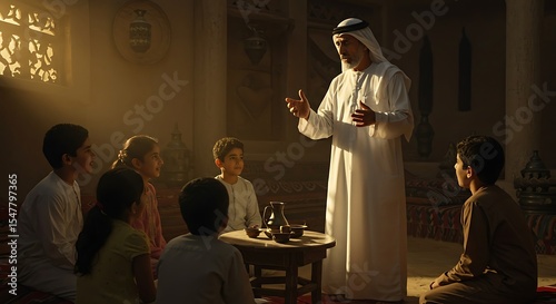 An elderly Arab man in traditional dress imparts wisdom to a group of attentive children indoors in warm light