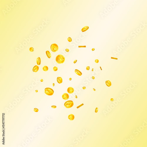 Indian rupee coins falling. Scattered gold INR