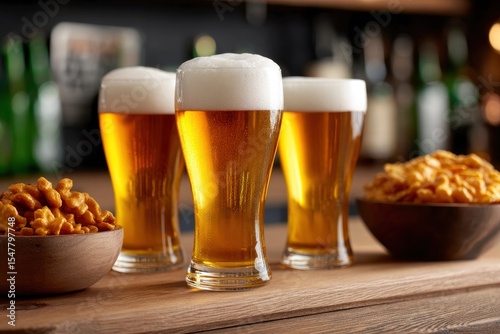 Three beers sit between two bowls of snacks on a wooden table backed by blurred bottles