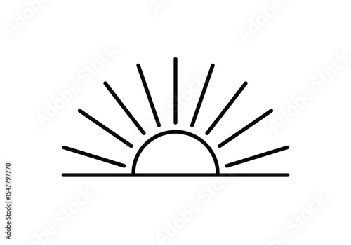 Rising sun drawing. It is a black and white outline sketch of the rising sun, symbolizing a new day and fresh start. Vector sketch line art draw.