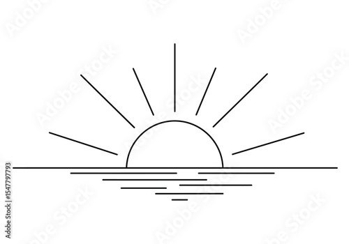 Setting sun drawing. It is a black and white outline sketch of the setting sun over water, symbolizing sunset and tranquility. Vector sketch line art draw.