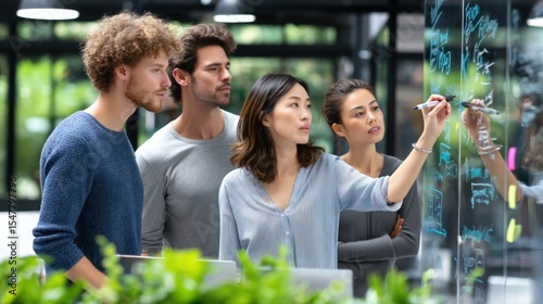 Diverse team of software engineers brainstorming in modern glass-walled office, multi-ethnic group with women and men, whiteboard filled with colorful flowcharts, natural daylight