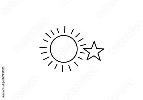 Sun and star drawing. It is a black and white outline sketch of a sun and a star, representing celestial bodies and the cosmos. Vector sketch line art draw.