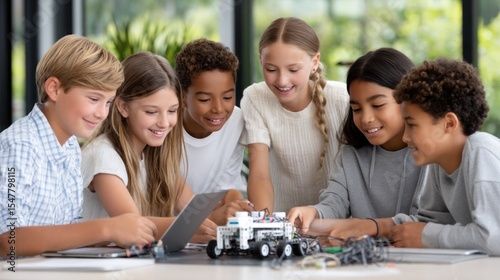 Diverse group of middle school students gathered around a programmable robot on classroom table, joyful expressions, wires and tools scattered, modern STEM lab with natural light