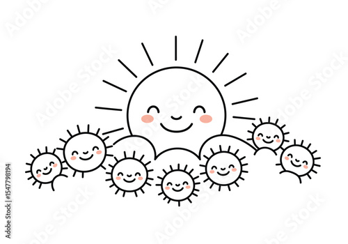 Sun family drawing. It is a black and white outline sketch of a happy sun family, a cute and cheerful group. Vector sketch line art draw.