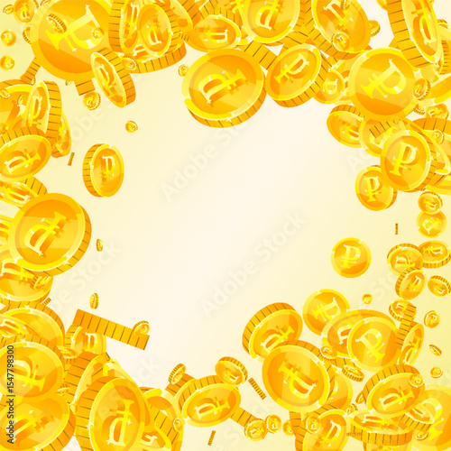 Russian ruble coins falling. Scattered gold RUB
