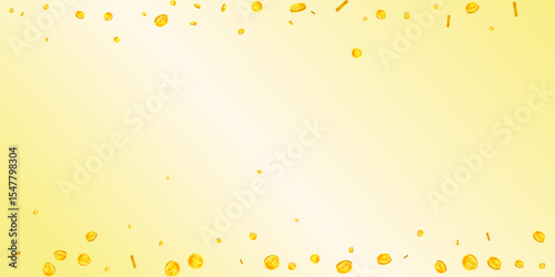 Japanese yen coins falling. Scattered gold JPY