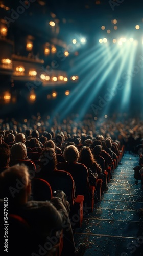 Audience enjoys live performance in a grand theater with focused spotlights illuminating the stage during an evening event