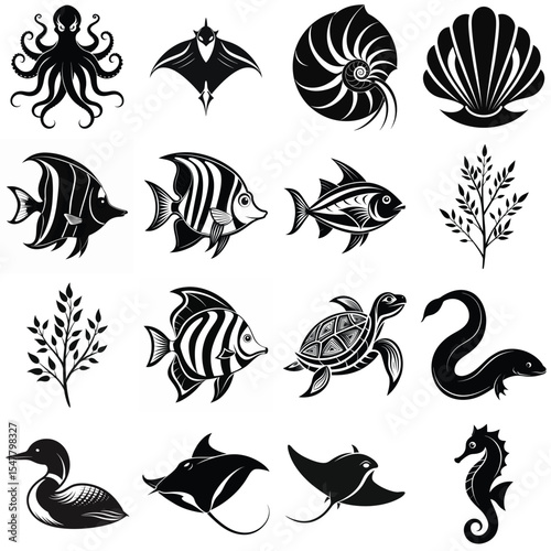 Black and White Stylized Sea Life Collection Nautical Ocean Animals Fish Shell Icons