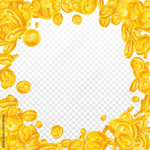 American dollar coins falling. Scattered gold USD