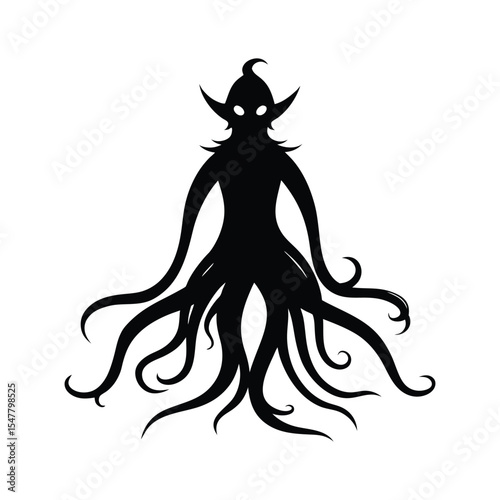 Black Silhouette Mysterious Creature Many Tentacles Fantasy Alien Design vector
