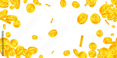 Japanese yen coins falling. Scattered gold JPY