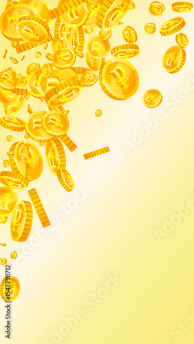 Russian ruble coins falling. Scattered gold RUB