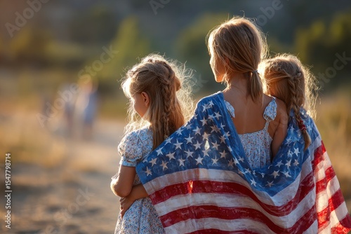 Three fairhaired females share an American flag outdoors looking towards indistinct figures in a sunny setting