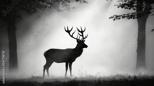Majestic stag silhouetted in misty forest dawn